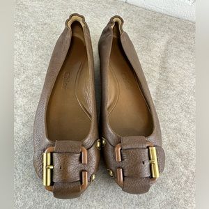 Chloe Brown Leather Flats with Buckle Detail